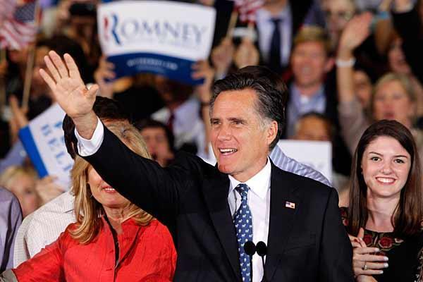 Mitt Romney at his victory celebration. Photo courtesy of The Christian Science Monitor.