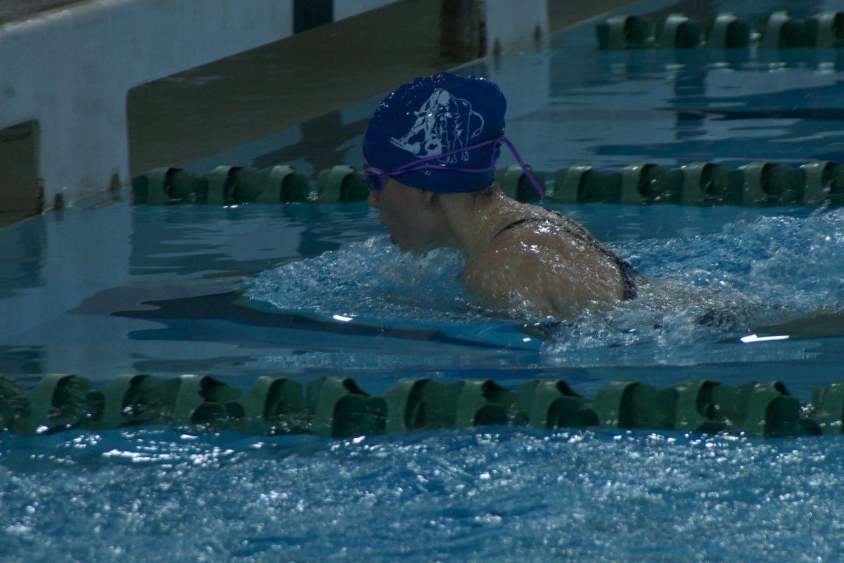 Meg Diamond finishing a lap at the Palo Alto swim meet.
Photo by: Joseph Hightower