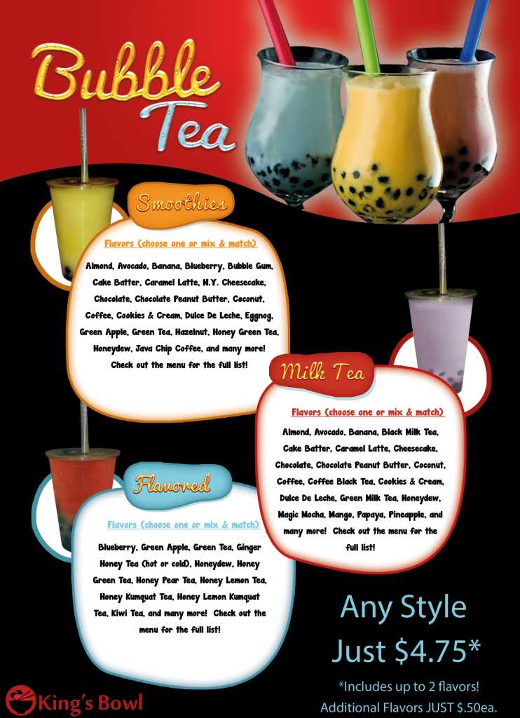 The list of bubble tea King's Bowl offers. (Photo from their website.)