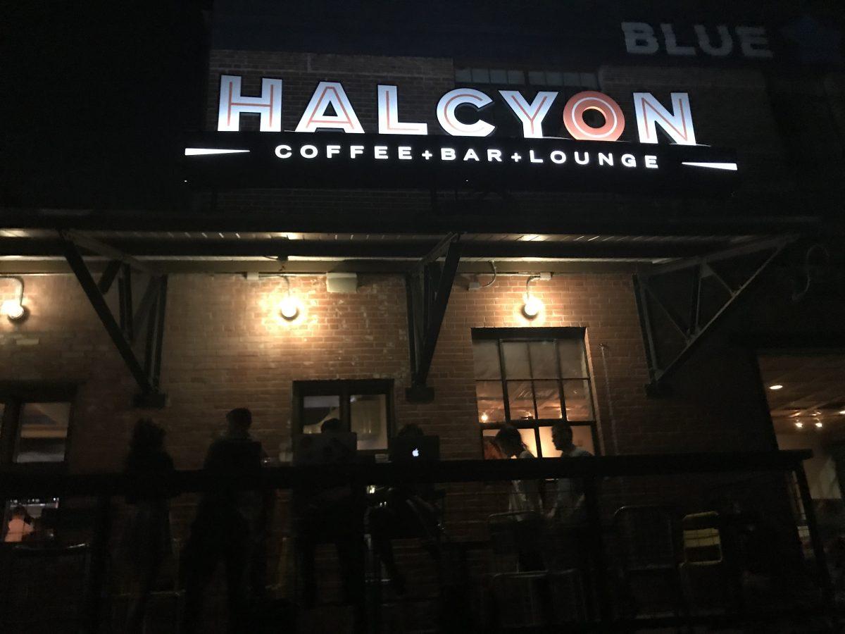 Halcyon's entrance, and sign.