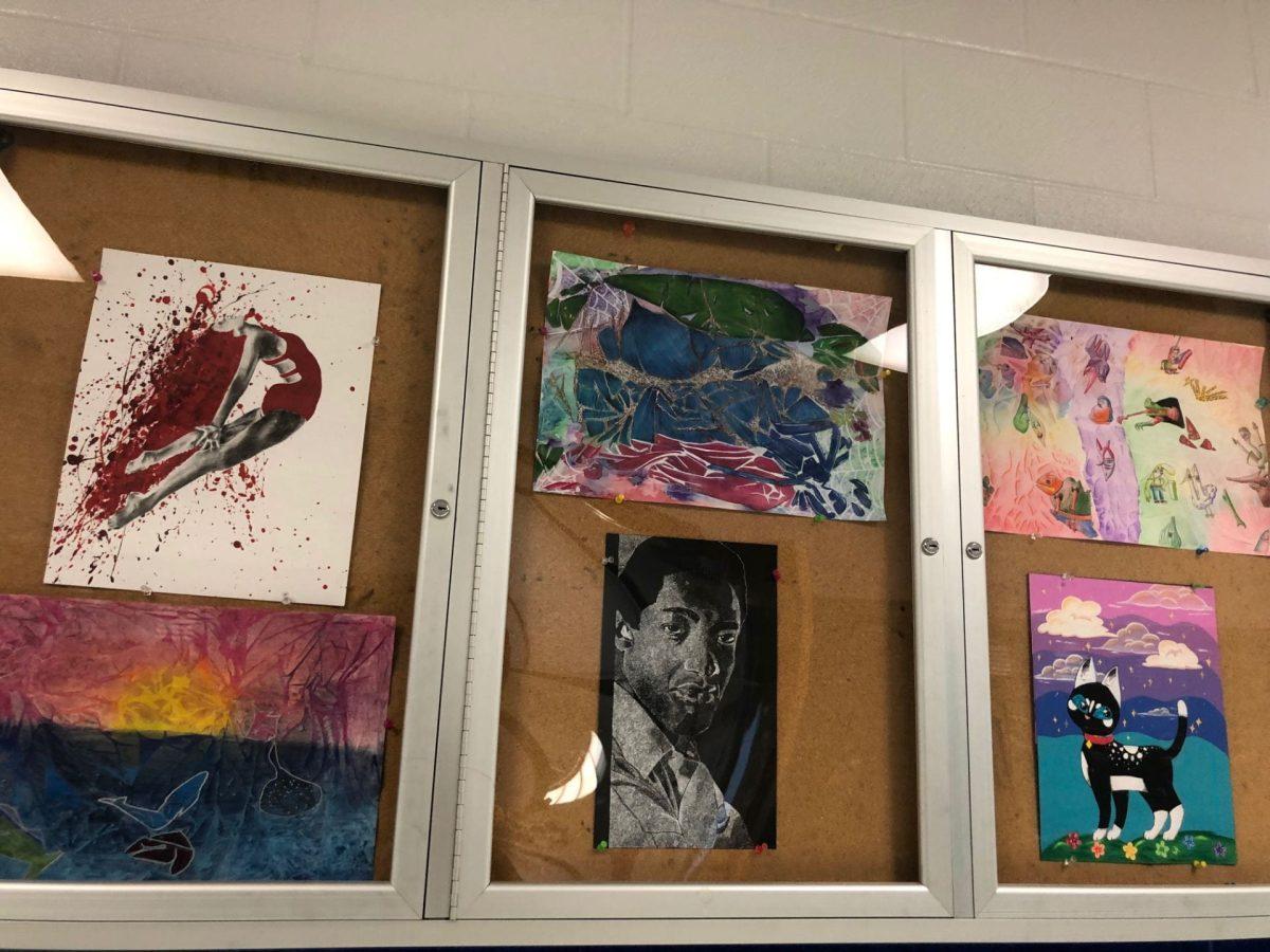 Art pieces displayed in the hallway. Photo by Karen Mendoza.