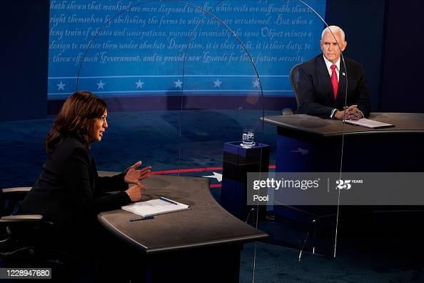 SALT LAKE CITY, UTAH - OCTOBER 07: Democratic vice presidential nominee Sen. Kamala Harris (D-CA) and U.S. Vice President Mike Pence participate in the vice presidential debate at the University of Utah on October 7, 2020 in Salt Lake City, Utah. This is the only scheduled debate between the two before the general election on November 3. (Photo by Morry Gash-Pool/Getty Images)