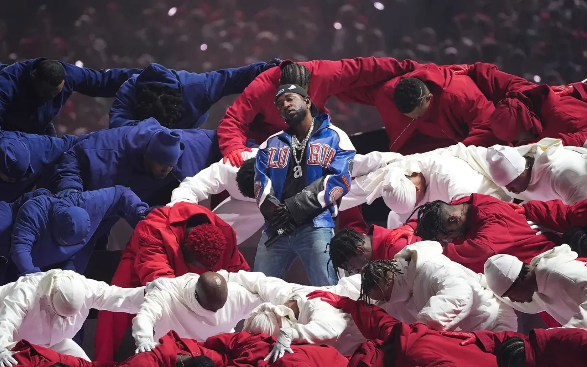 Kendrick Lamar performing during halftime.